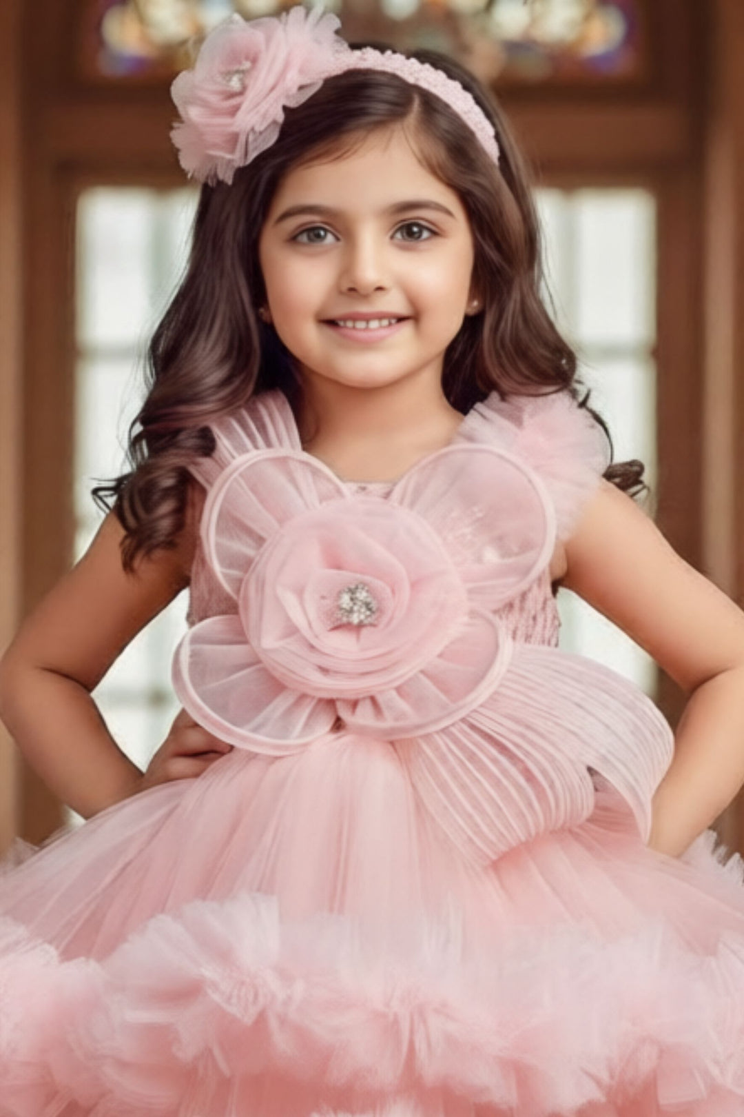 Light Peach Sequins work Tail Cut Double Layered Partywear Frock for Girls