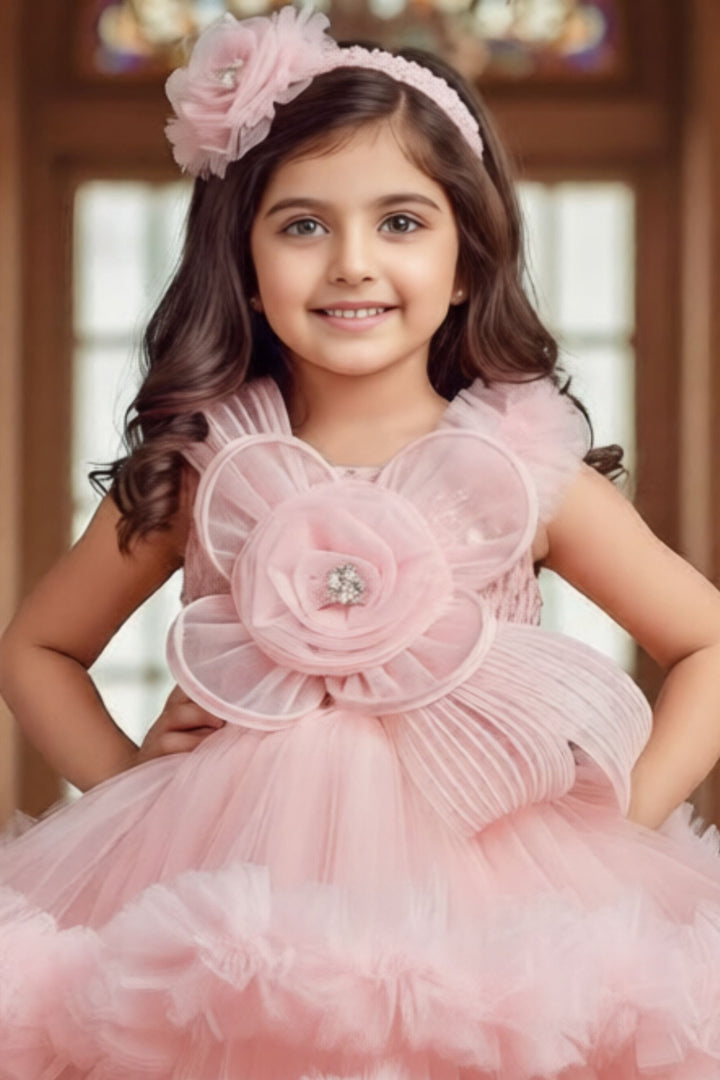 Light Peach Sequins work Tail Cut Double Layered Partywear Frock for Girls