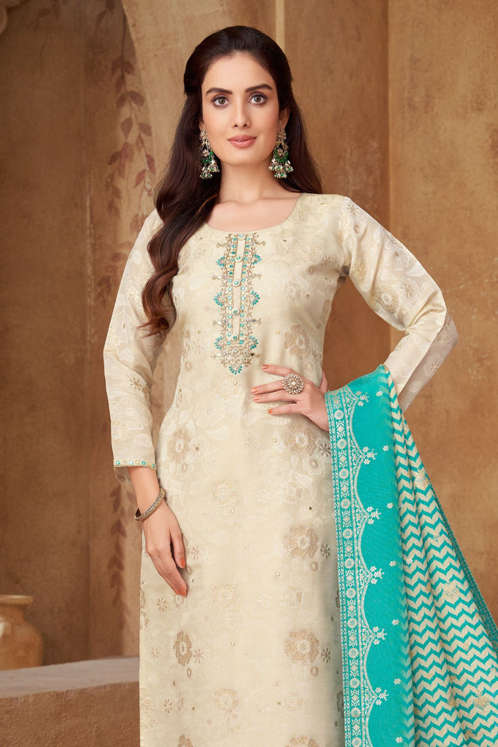 Cream Zardozi, Thread, Mirror and Banaras work Straight Cut Salwar Suit