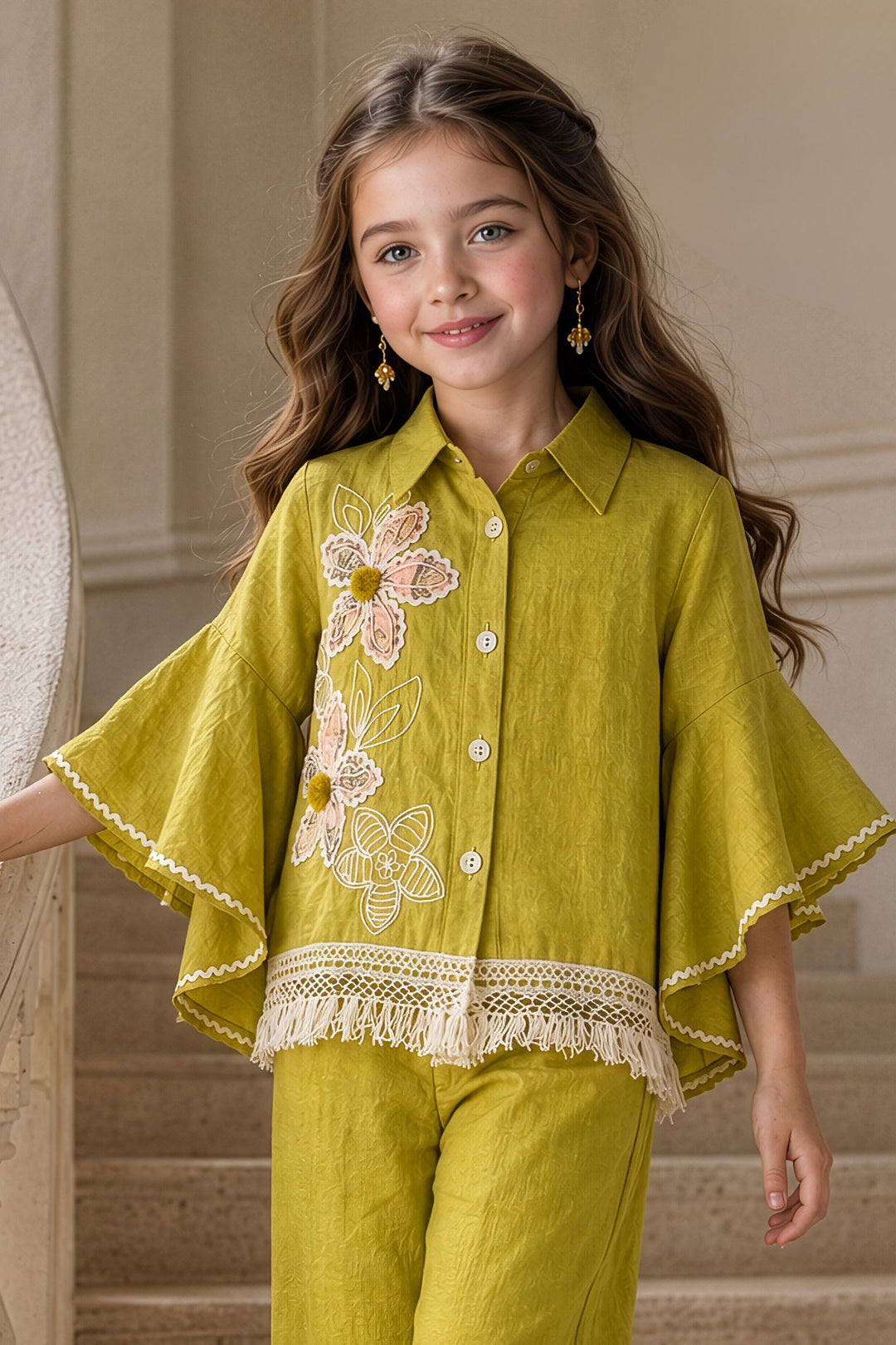 Liril Green Thread and Lace work Co-ord Set for Girls