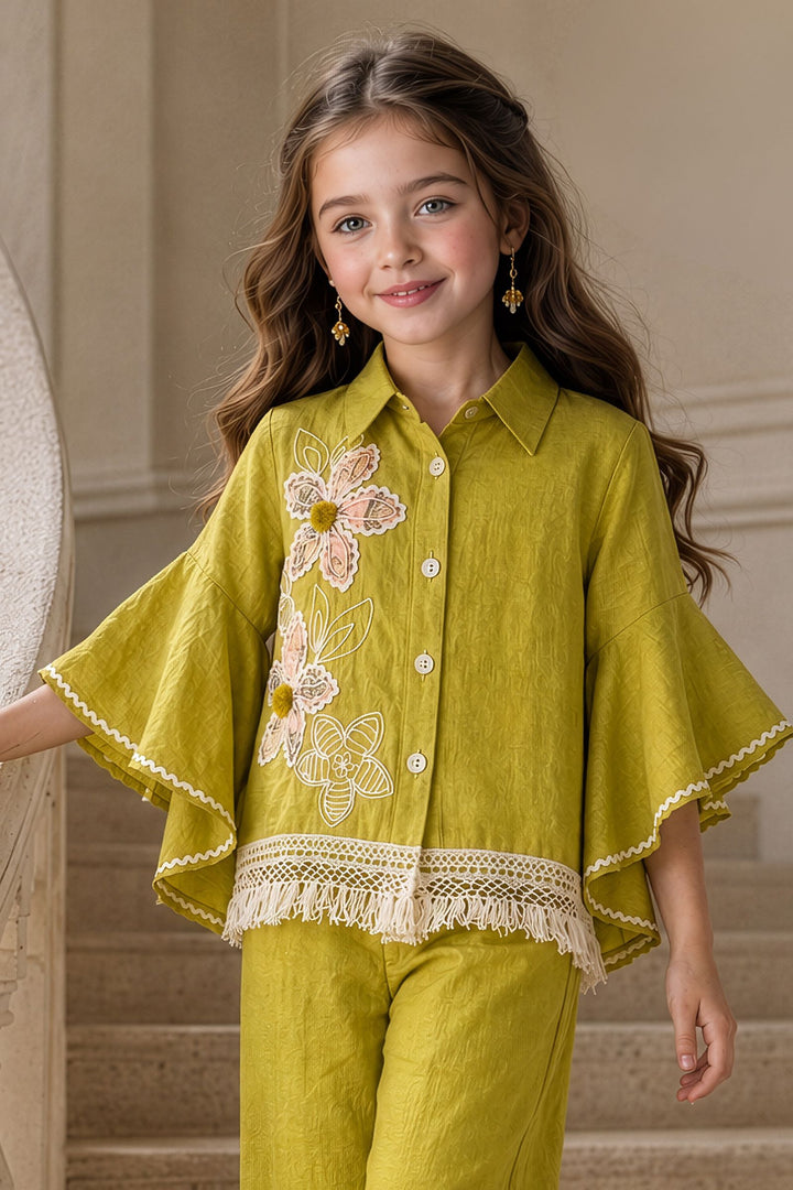 Liril Green Thread and Lace work Co-ord Set for Girls