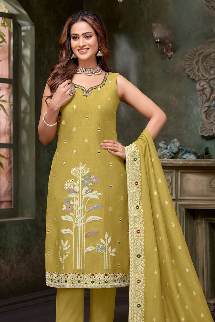 Olive Green Multicolor Embroidery, Zardozi and Stone work Straight Cut Salwar Suit