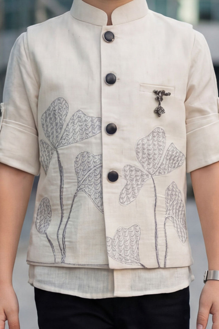 Cream Thread work Waist Coat and Black Pant Set for Boys with Belt