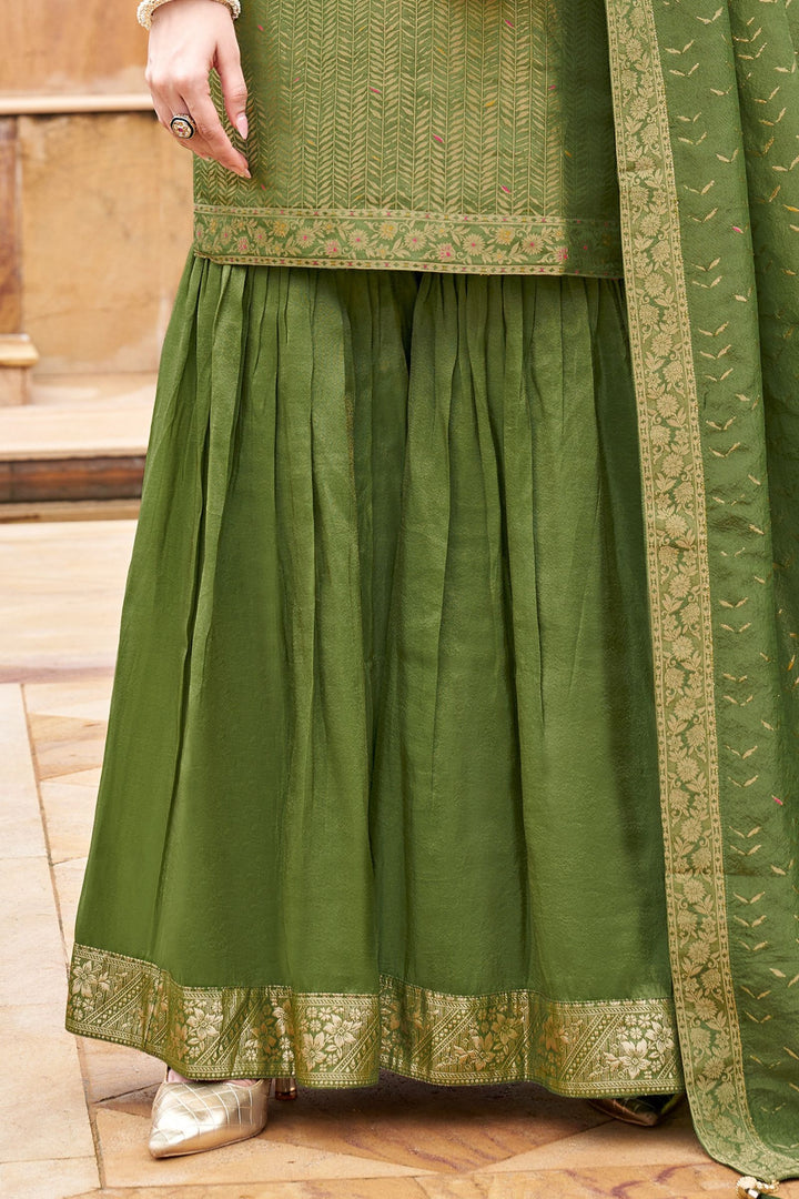 Green Mirror, Stone, Sequins, Zardozi and Brocade work Sharara Salwar Suit
