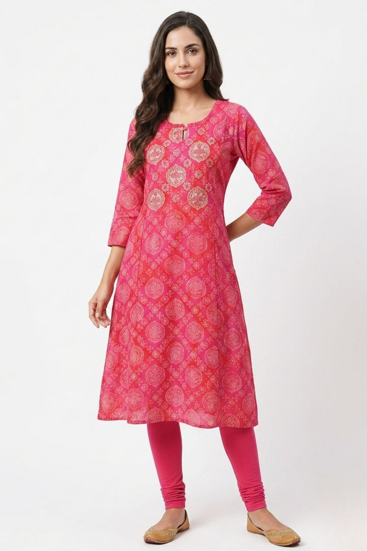 Pinkish Red Embroidery, Mirror and Zari work with Digital Print A-Line Cut Calf Length Kurti