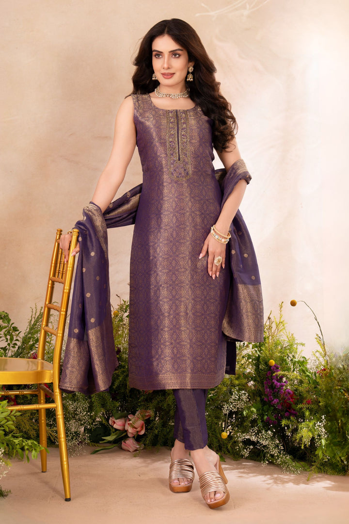 Purple Zardozi, Stone, Beads, Sequins and Brocade work Straight Cut Salwar Suit