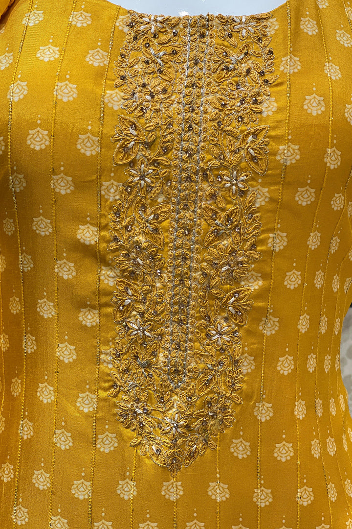 Yellow Stone, Zari and Thread work with Digital Print Straight Cut Salwar Suit