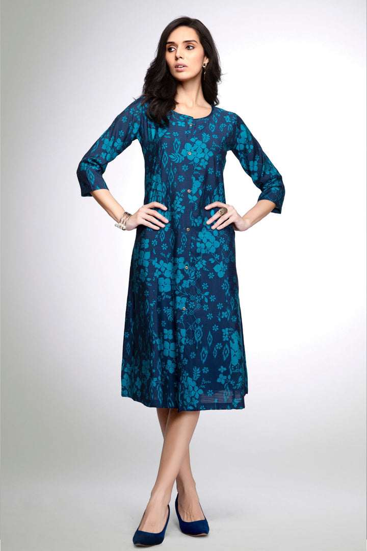 Navy Blue with Digital Print A-line Cut Calf Length Kurti