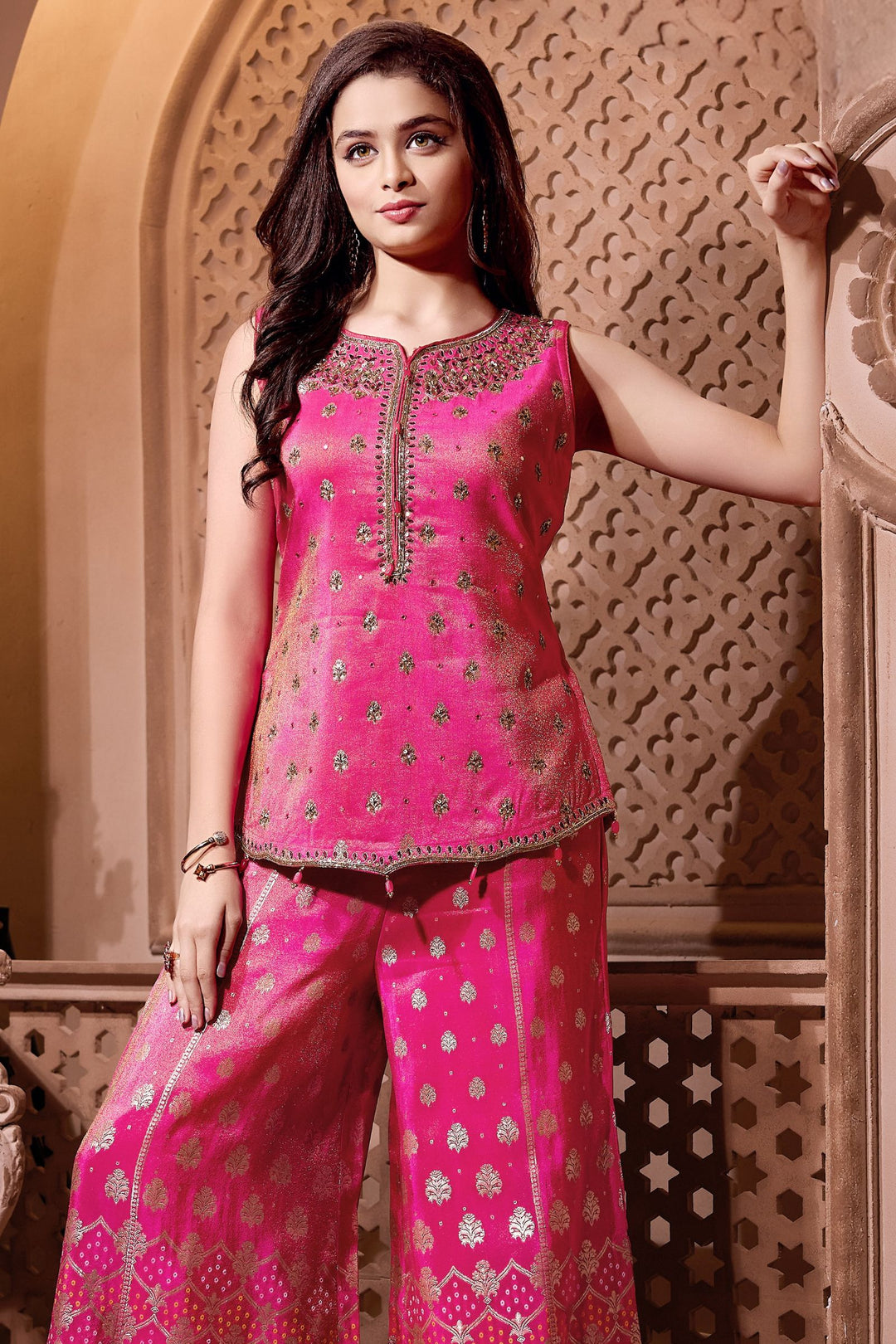Rani Pink Beads, Mirror, Sequins, Banaras Zari and Thread work Palazzo Suit Set for Girls