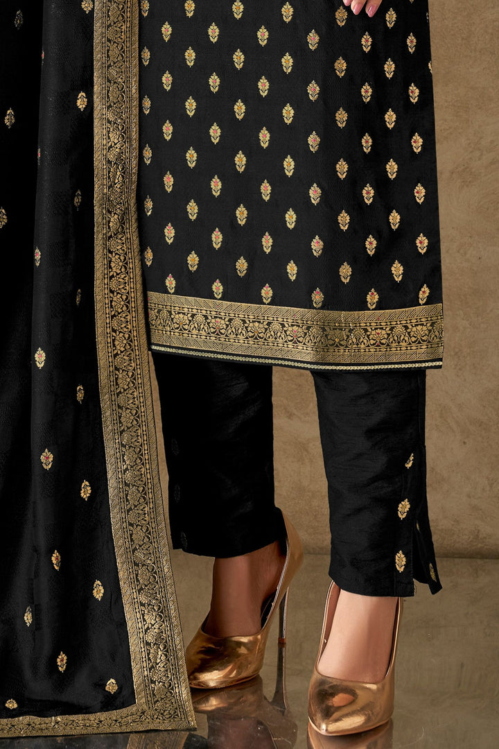 Black Banaras, Zardozi, Beads, Stone and Thread work Straight Cut Salwar Suit