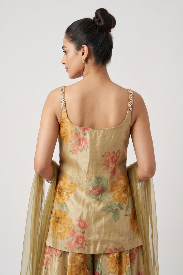 Light Beige Stone, Beads and Kundan work with Floral Print Palazzo Salwar Suit