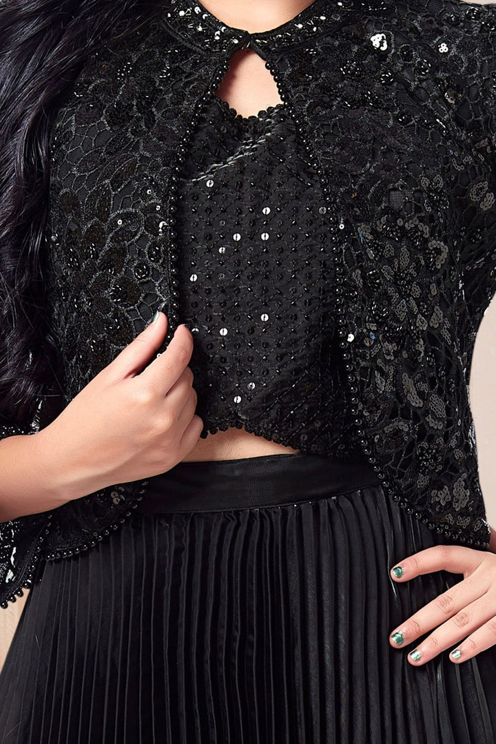 Black Sequins, Beads, Stone and Thread work Jacket Styled Lehenga Choli for Girls