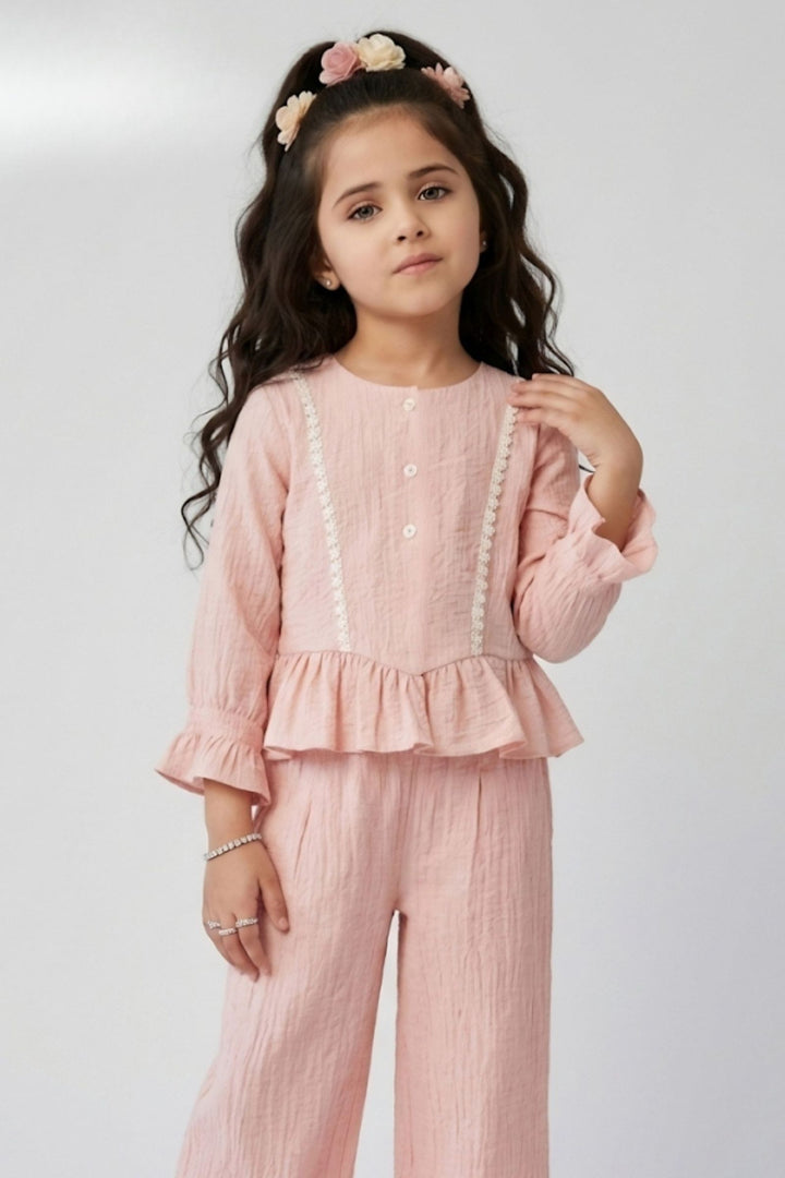 Peach Lace work Top and Palazzo Set for Girls
