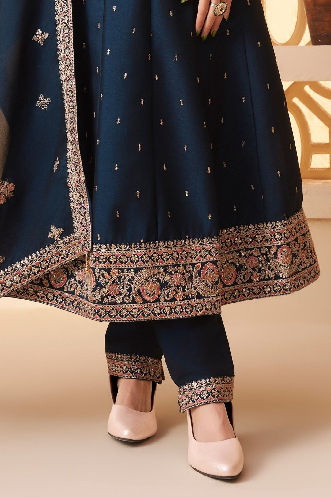 Peacock Blue Sequins, Zari and Multicolor Thread work Anarkali Style Salwar