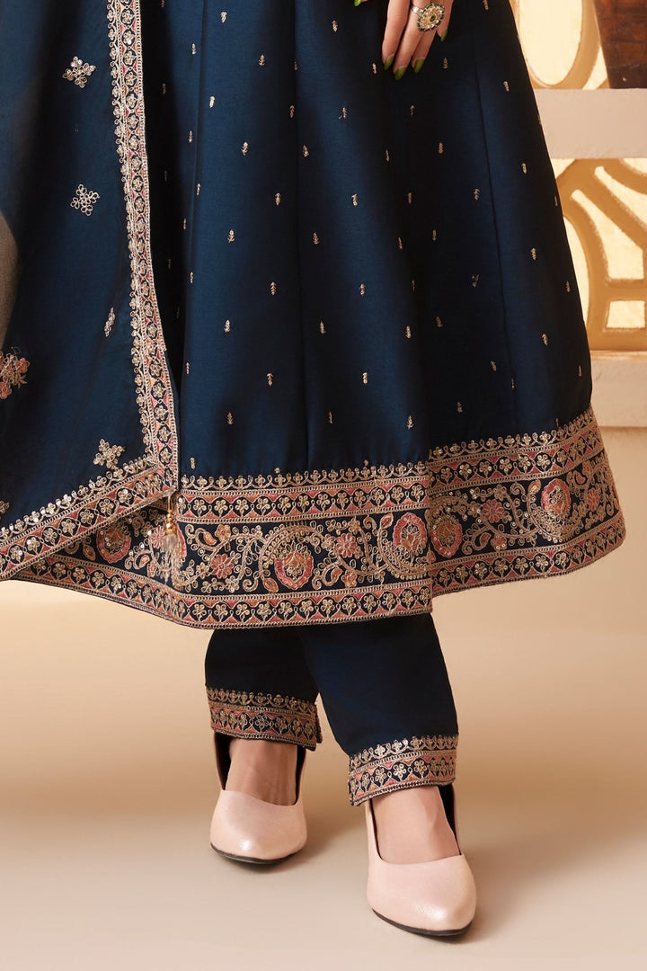 Peacock Blue Sequins, Zari and Multicolor Thread work Anarkali Style Salwar