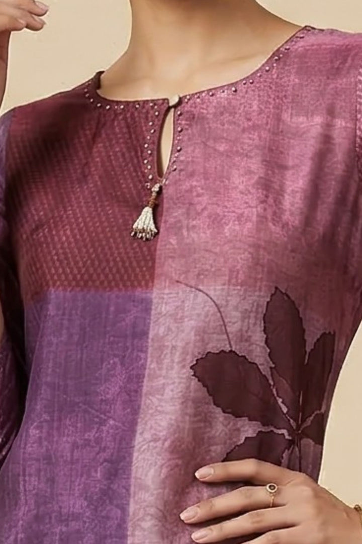 Wine Beads work Calf Length Kurti