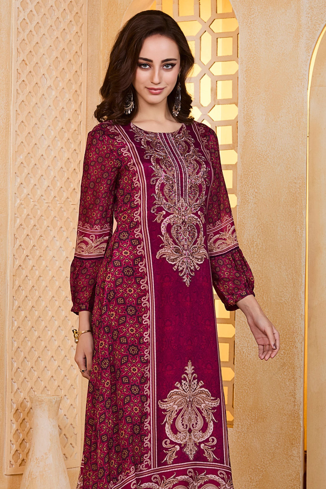 Magenta Beads and Pearl work with Digital Print Floor Length Anarkali Suit