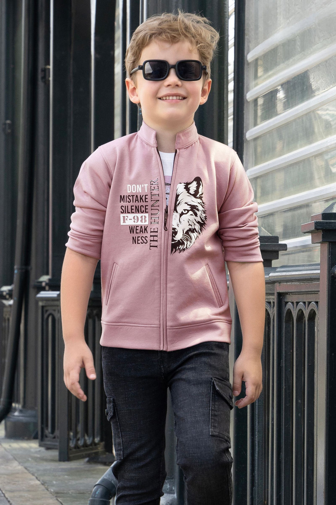 Onion Blazer, White Printed T-Shirt and Black Pant Set for Boys