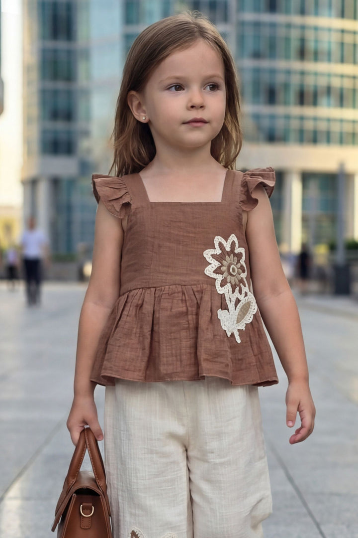 Brown with Cream Thread work Top and Palazzo Set for Girls