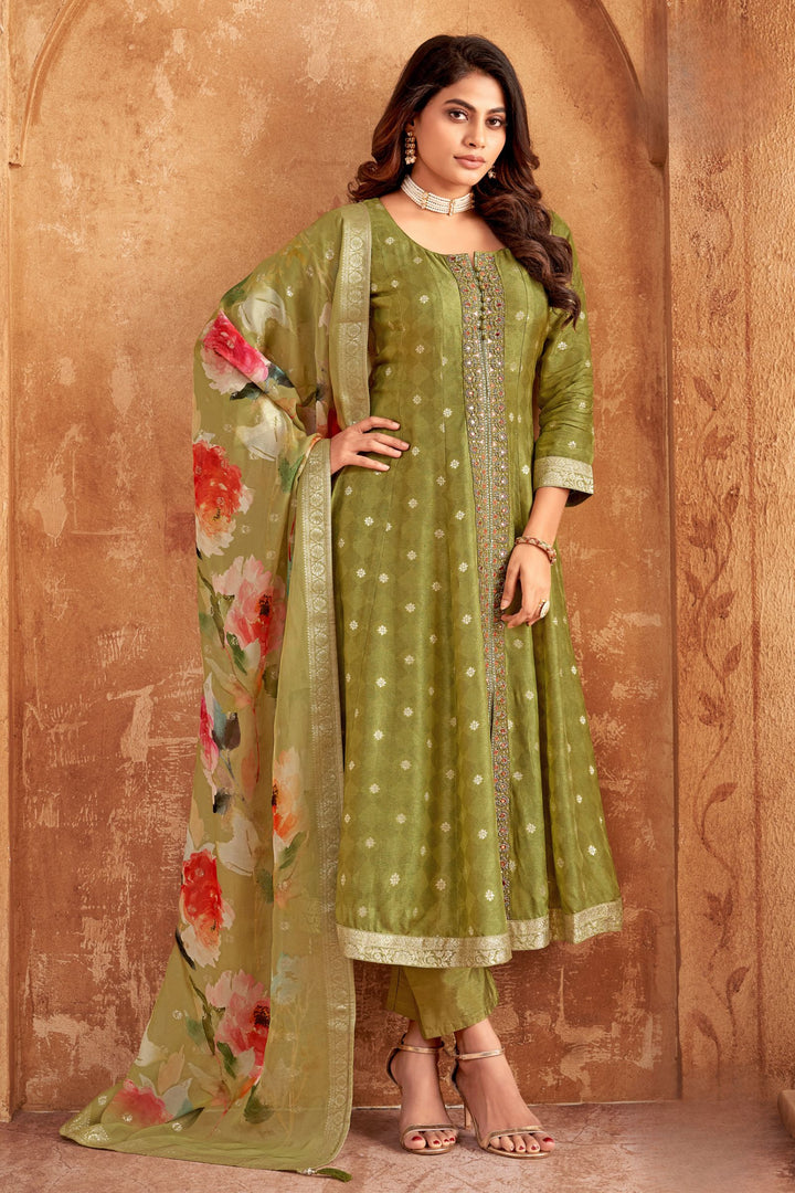 Pista Green Banaras, Zardozi, Stone and Beads work Salwar Suit with Straight Pants