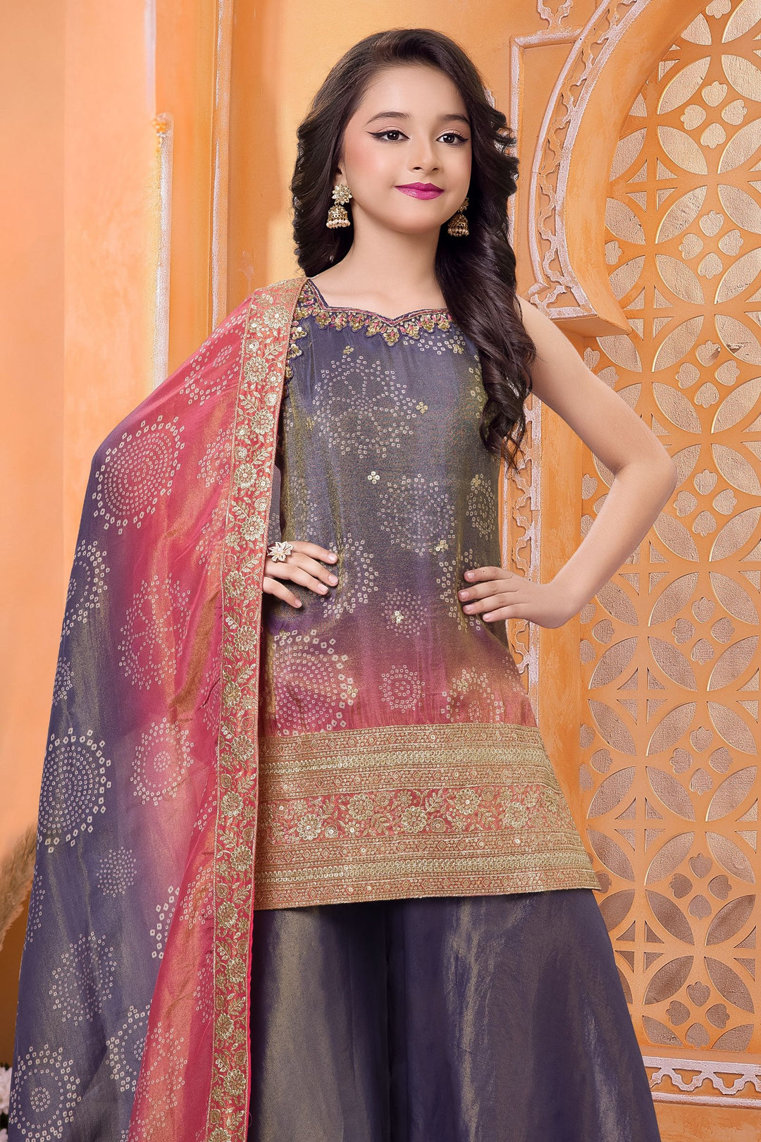Blue with Pink Sequins and Banaras Zari work with Bandini Print  Palazzo Suit Set for Girls