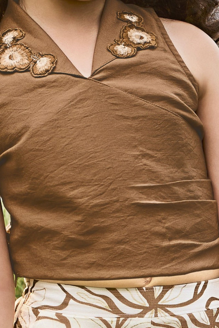 Half White with Brown Digital Print Top with Palazzo Set for Girls