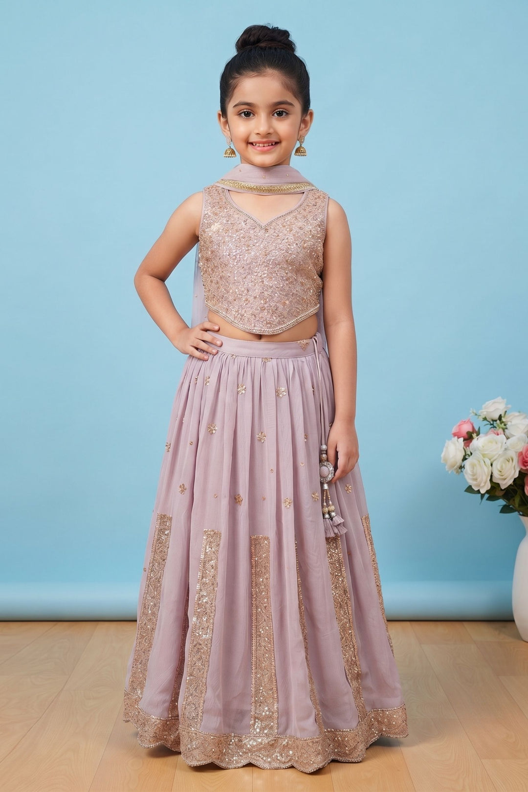 Light Lavender Sequins and Beads work Lehenga Choli for Girls