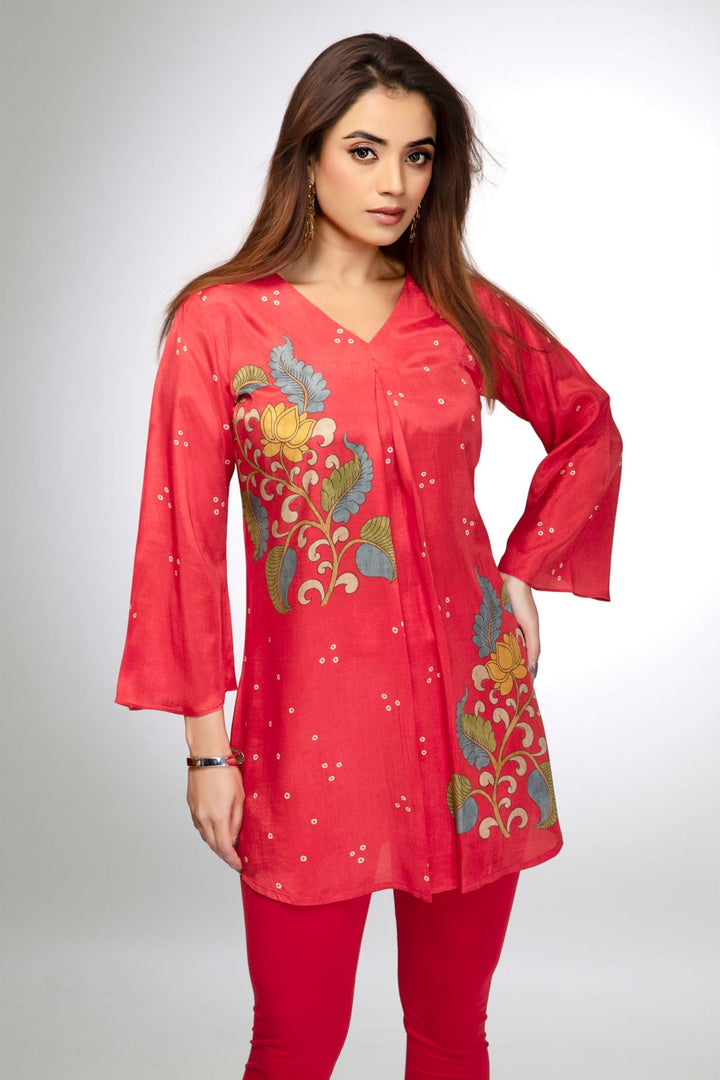 Tomato Red Floral Print Short Kurti