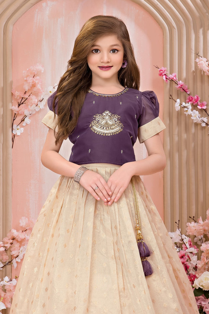 Purple with Cream Stone, Beads, Zari, Sequins and Thread work Lehenga Choli for Girls