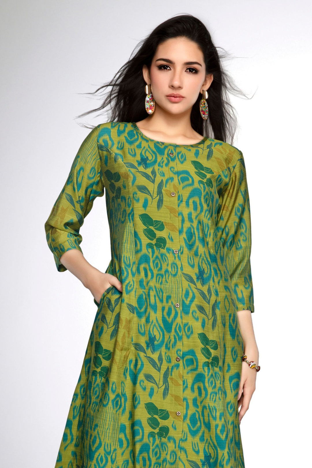 Mehendi Green Digital Print A-line Cut Calf Length Kurti