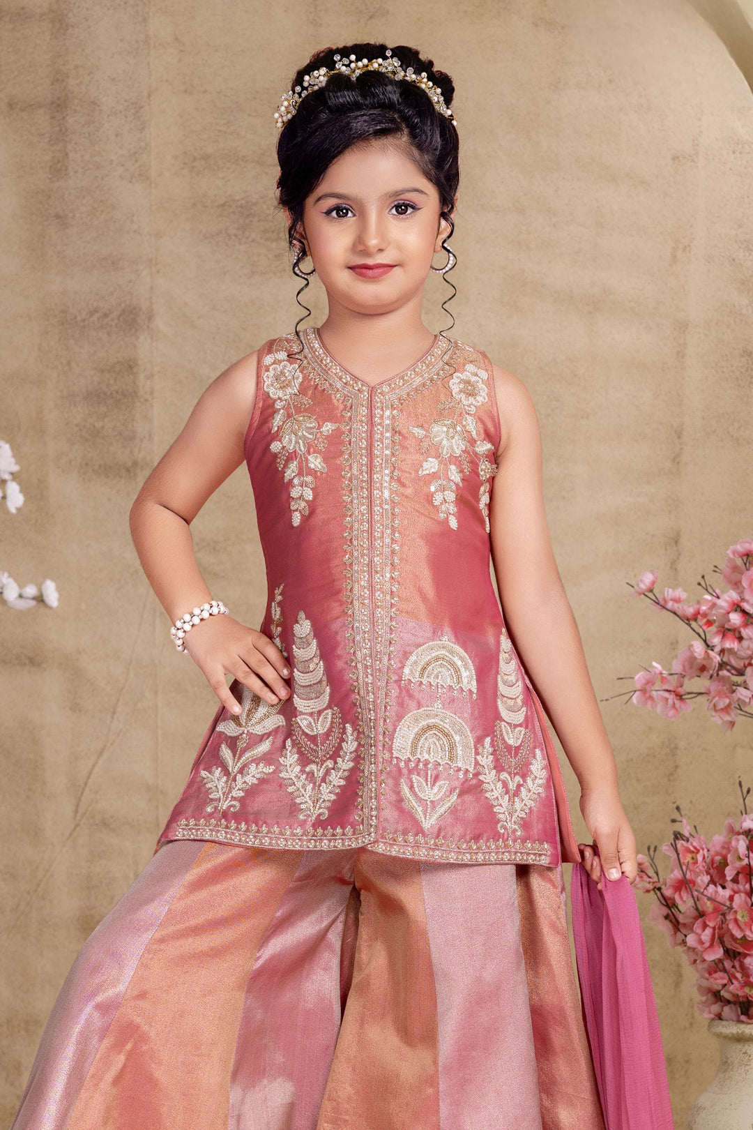 Pink with Peach Beads, Sequins and Zari work Palazzo Suit Set for Girls