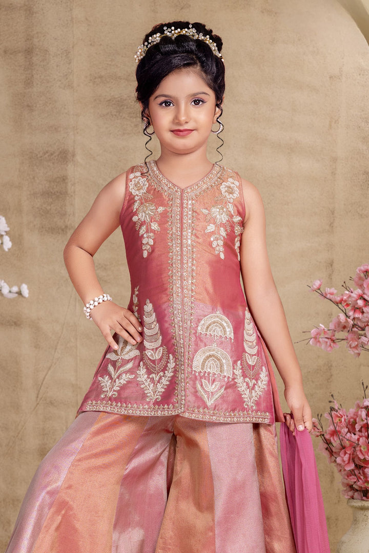 Pink with Peach Beads, Sequins and Zari work Palazzo Suit Set for Girls