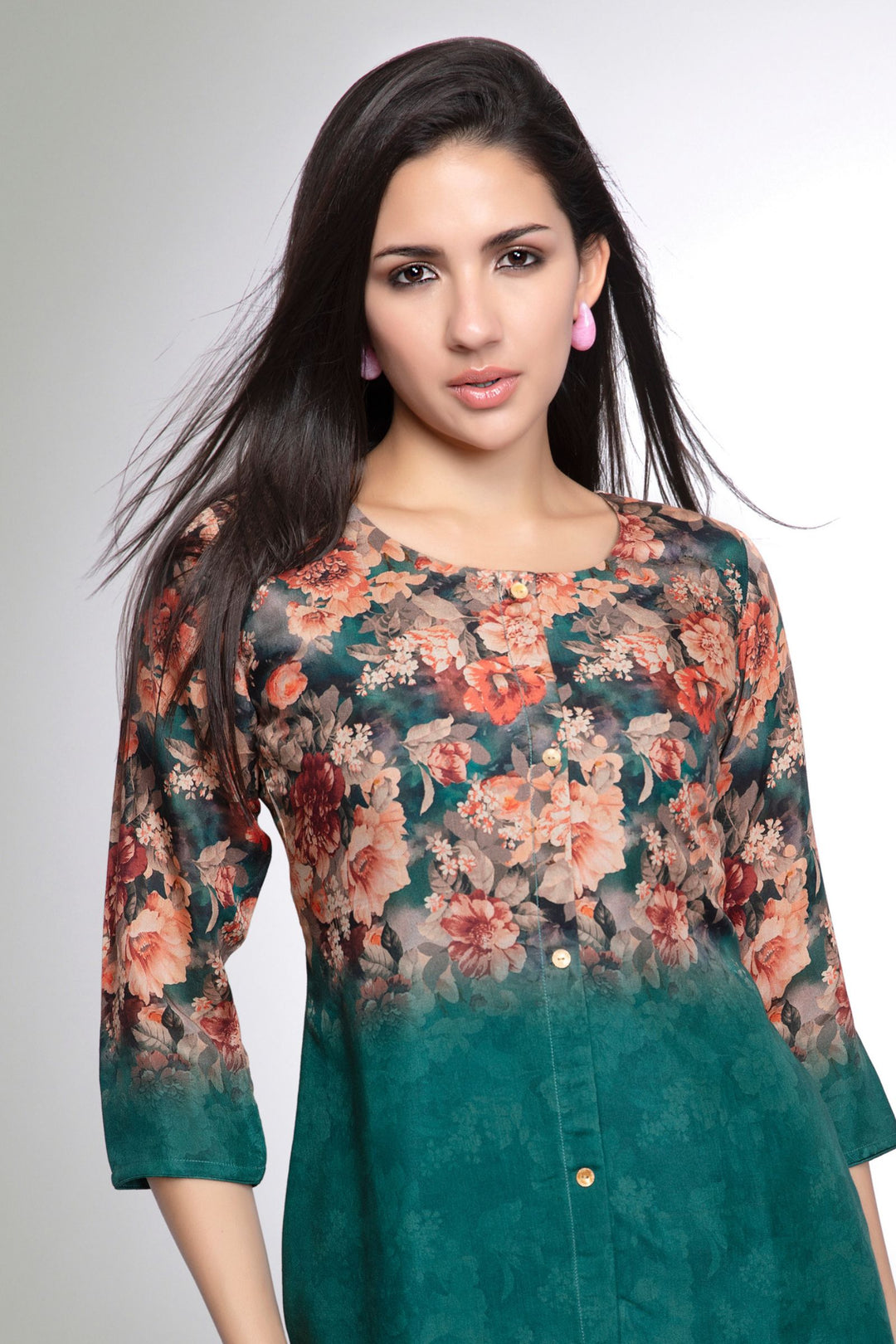 Green Floral Print Short Kurti
