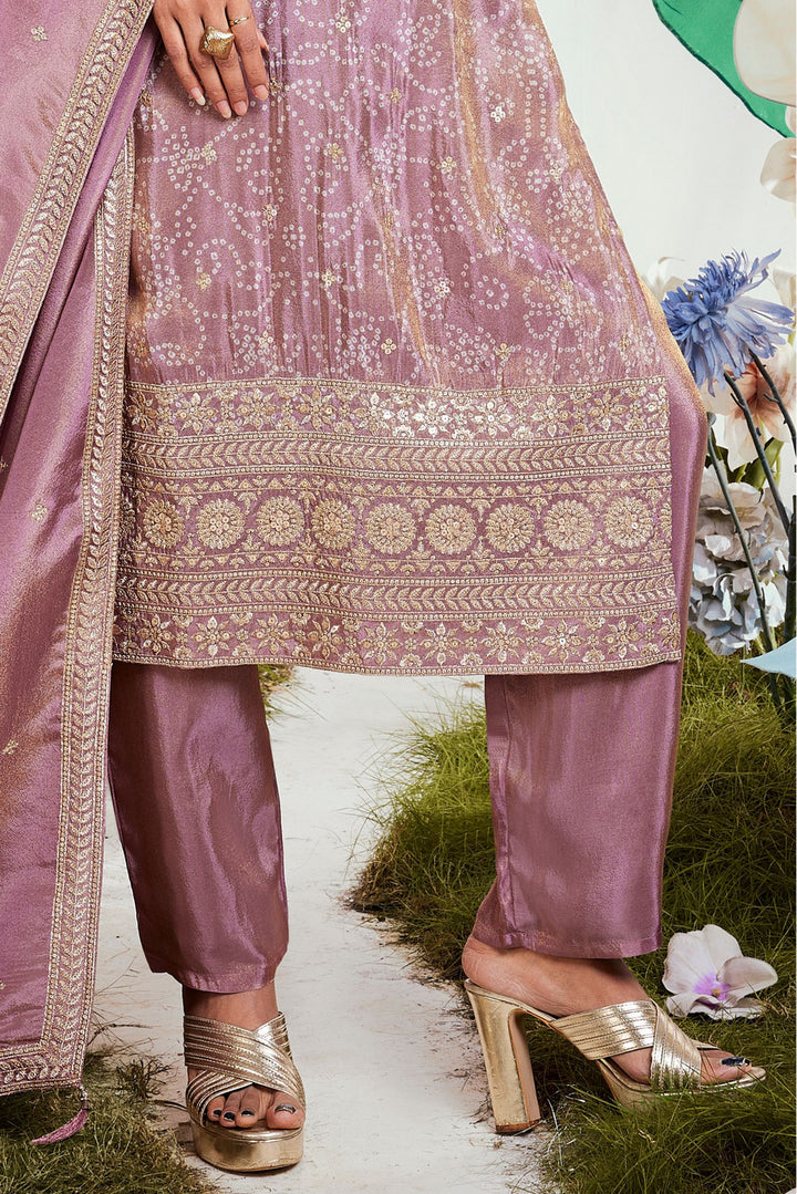 Lilac Sequins and Zari work with Bandini Print Straight Cut Salwar Suit