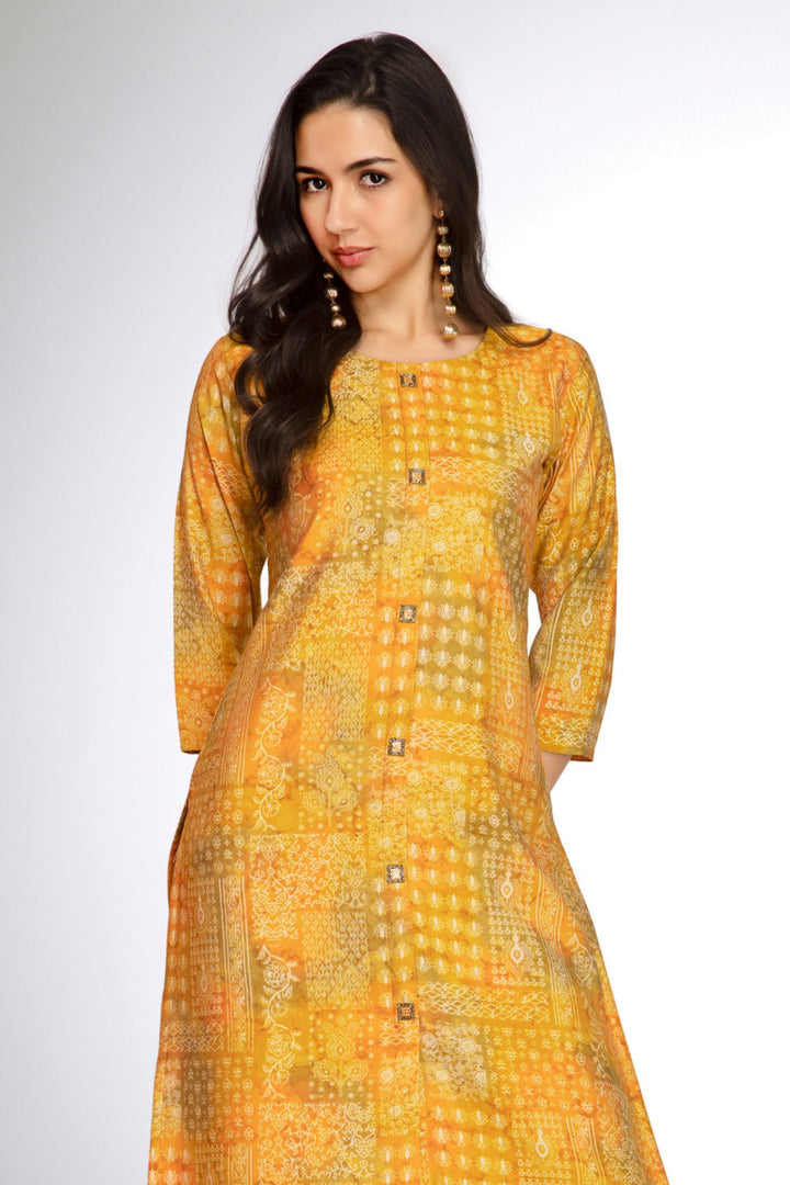 Yellow Digital Print A-line Cut Calf Length Kurti