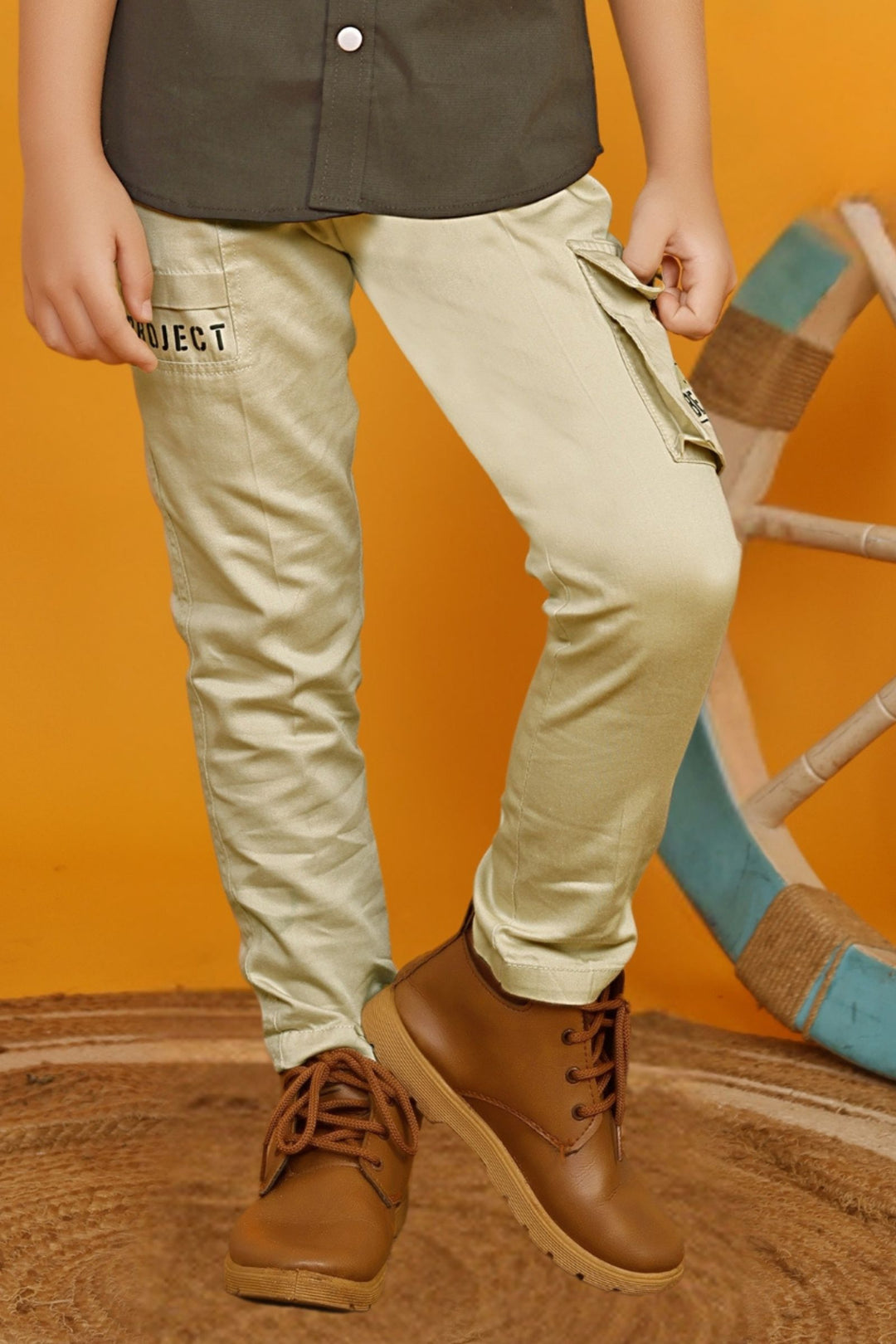 Dark Green Printed Shirt and Cream Pant Set for Boys