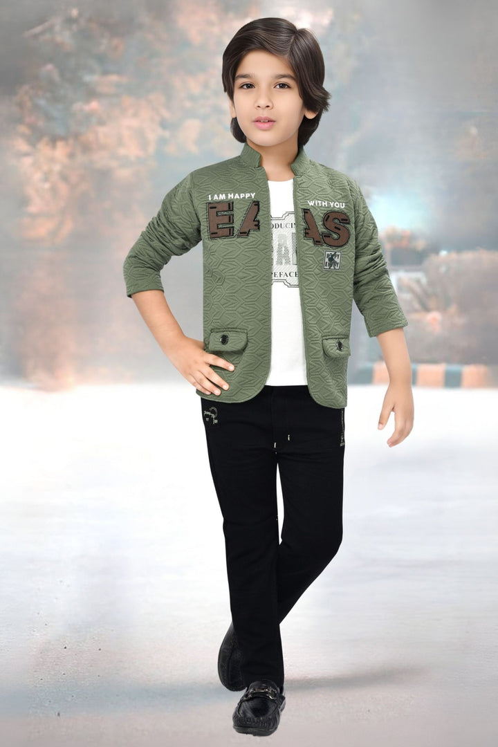 Green with White Printed Blazer, T-Shirt and Black Pant Set for Boys with Belt