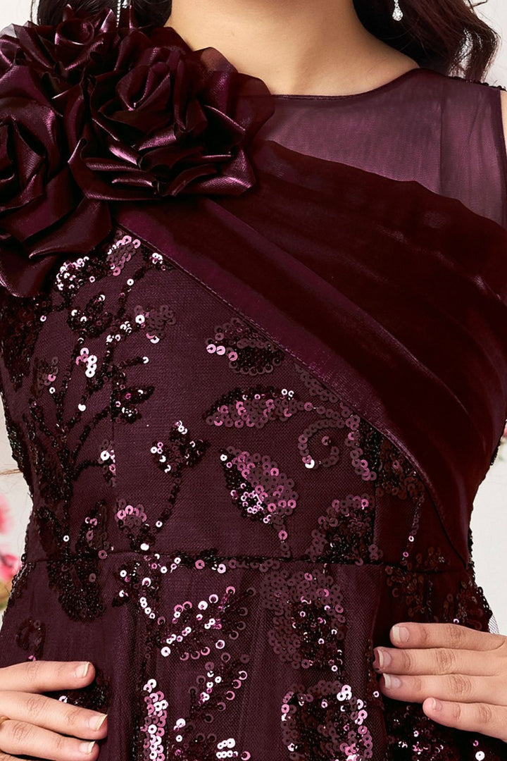 Wine Sequins work Long Party Gown for Girls