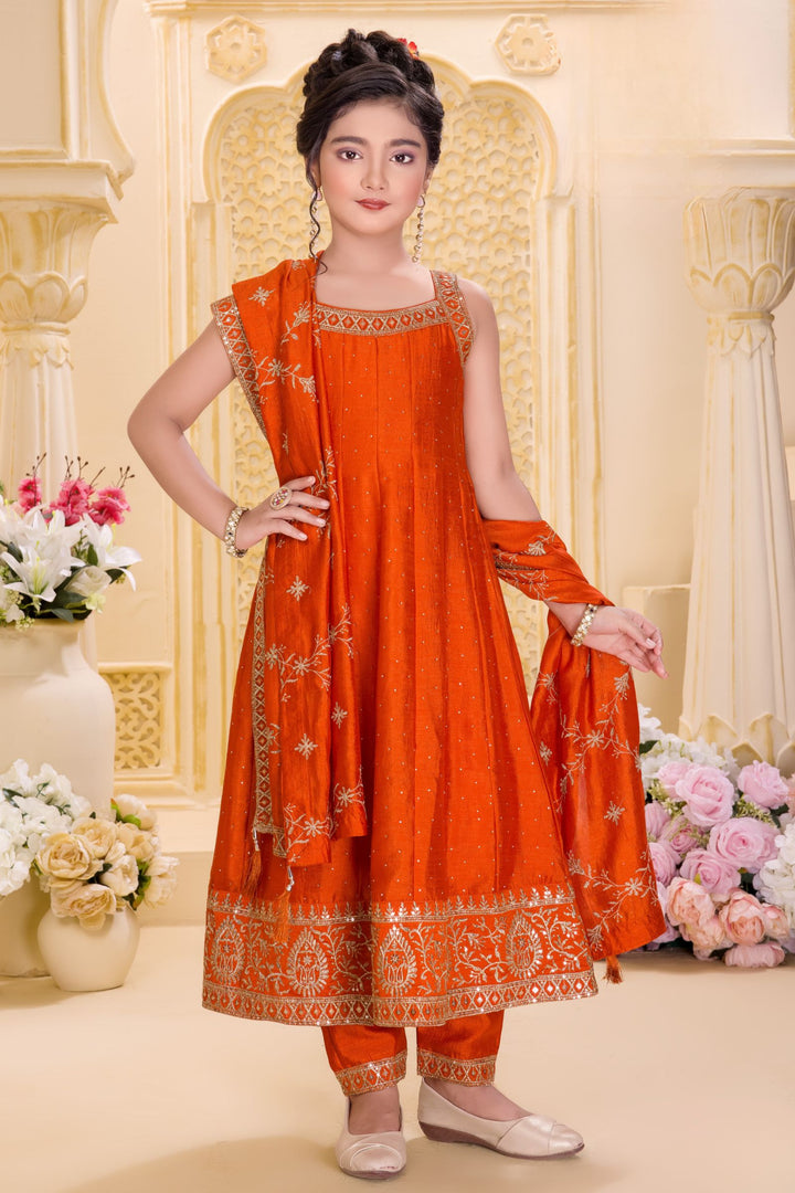 Orange Sequins, Zari and Stone work Anarkali Style Salwar Suit for Girls