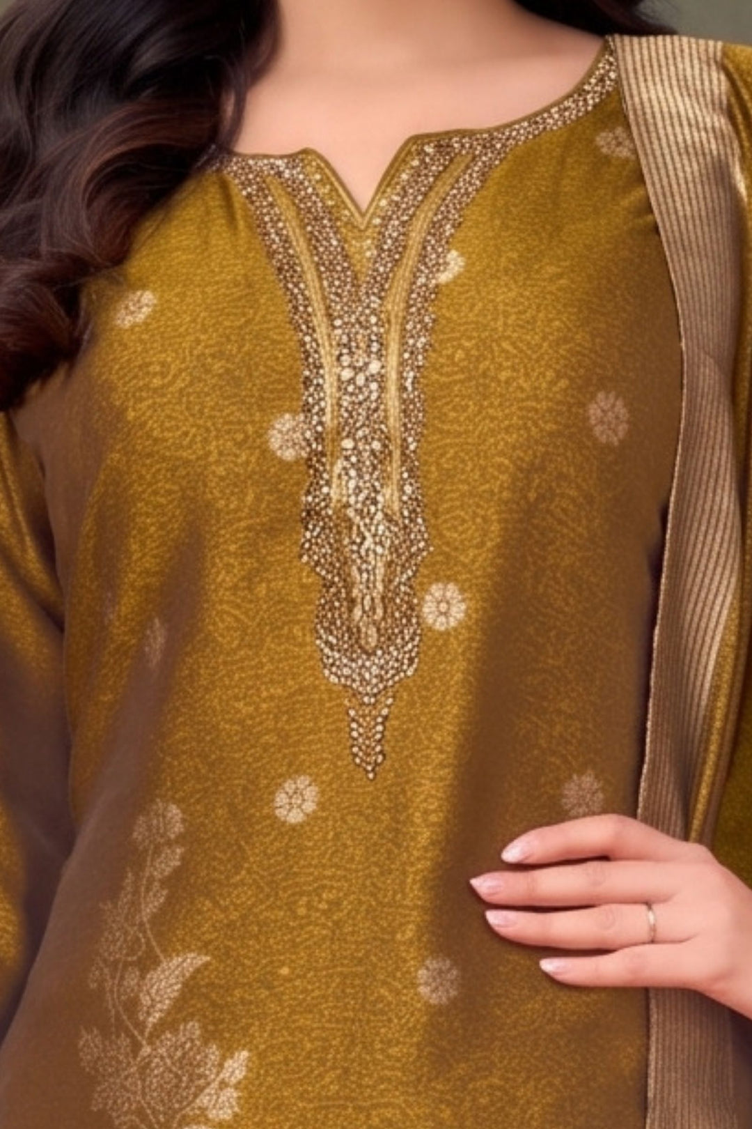 Mustard Brocade, Mirror, Beads and Sequins work Straight Cut Salwar Suit