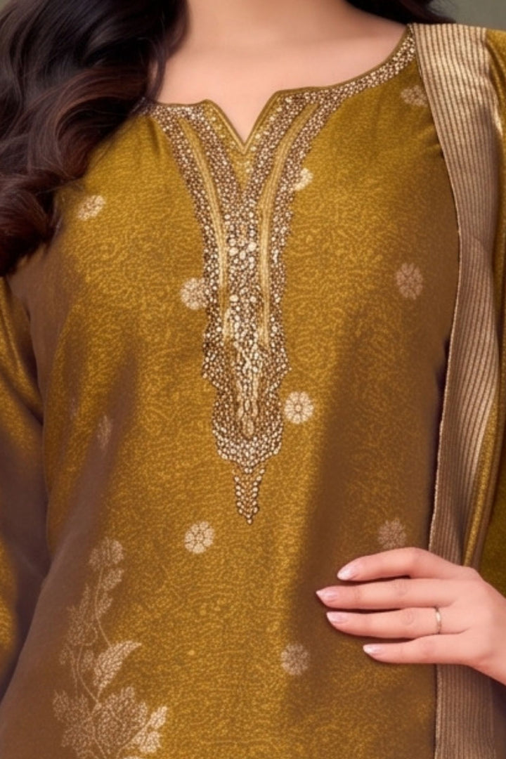 Mustard Brocade, Mirror, Beads and Sequins work Straight Cut Salwar Suit