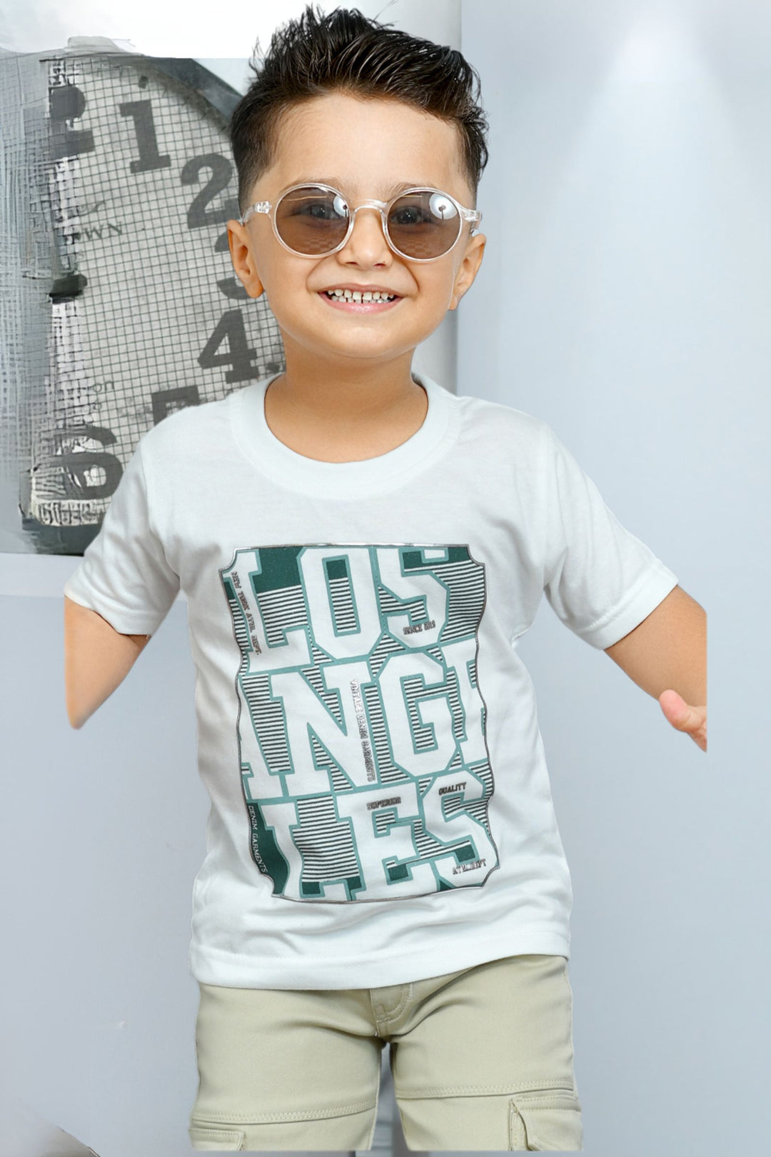 Green and White Printed Blazer, T-Shirt and Light Green Cargo Pant Set for Boys