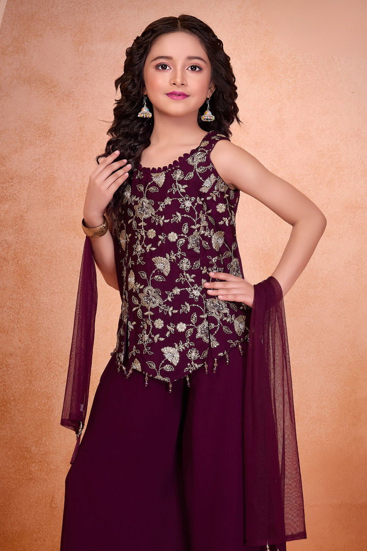 Wine Sequins and Zari work Palazzo Suit Set for Girls