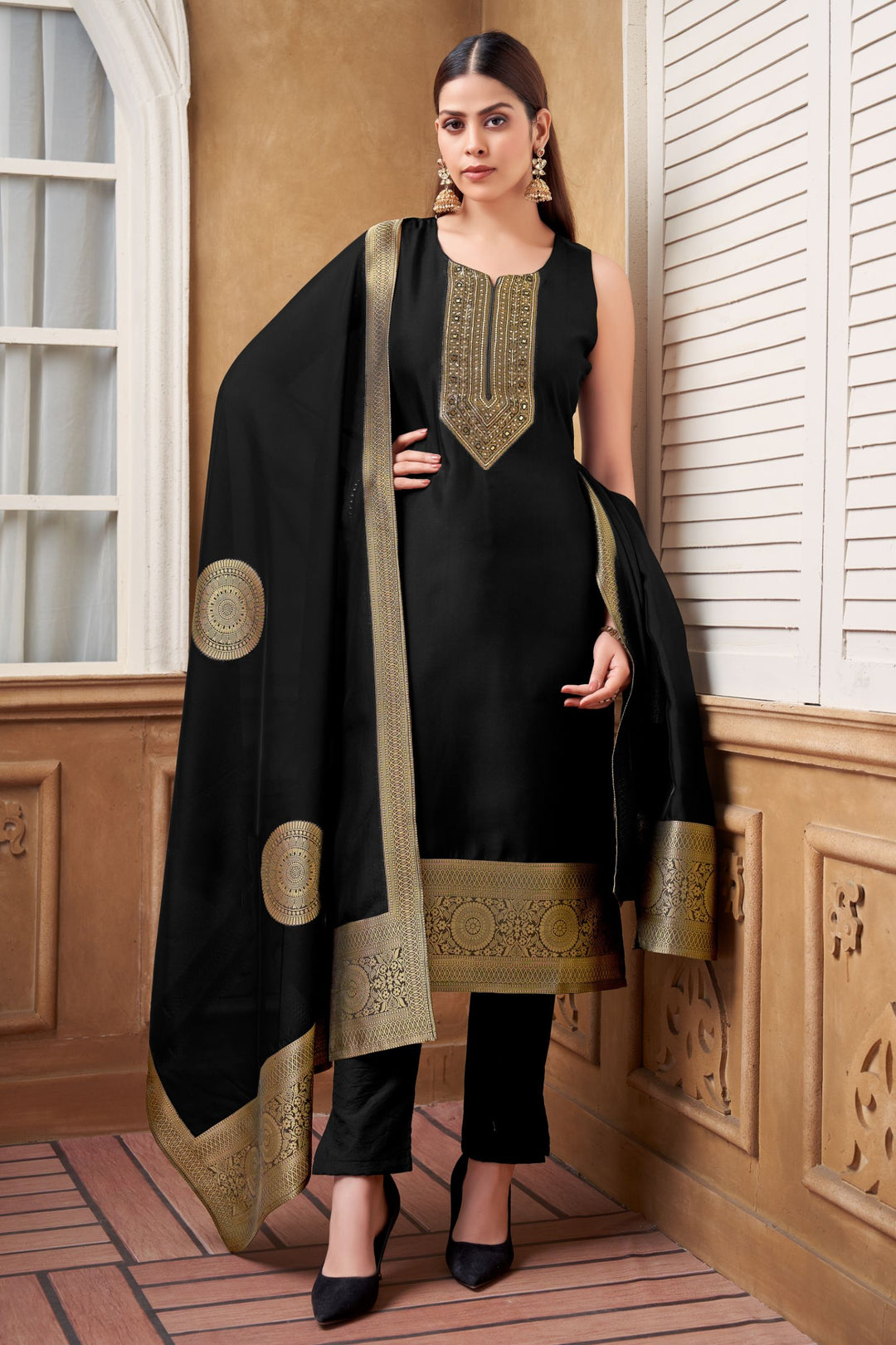 Black Banaras, Mirror, Stone and Sequins work Straight Cut Salwar Suit