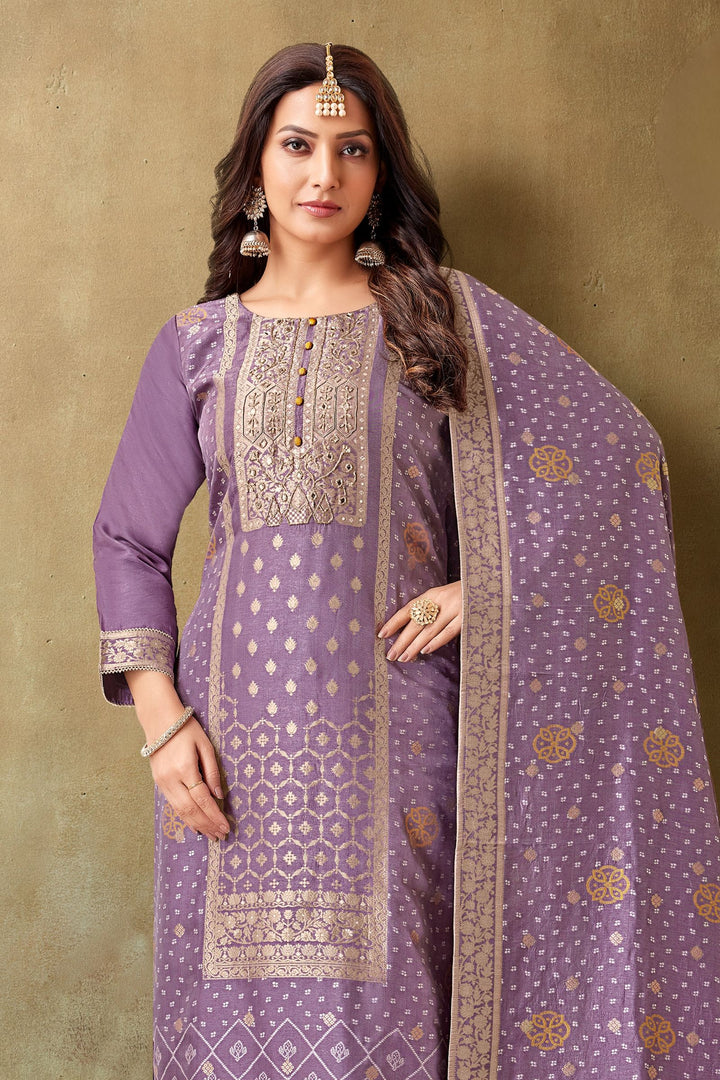 Lavender Banaras, Beads, Mirror and Sequins work Straight Cut Salwar Suit