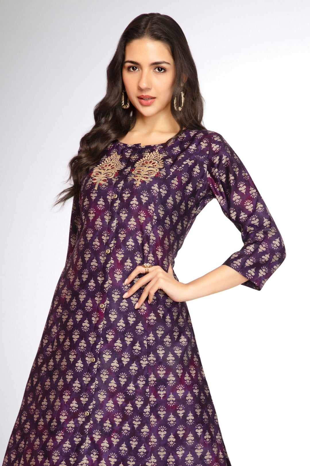 Violet Mirror and Thread work with Digital Print A-Line Cut Calf Length Kurti
