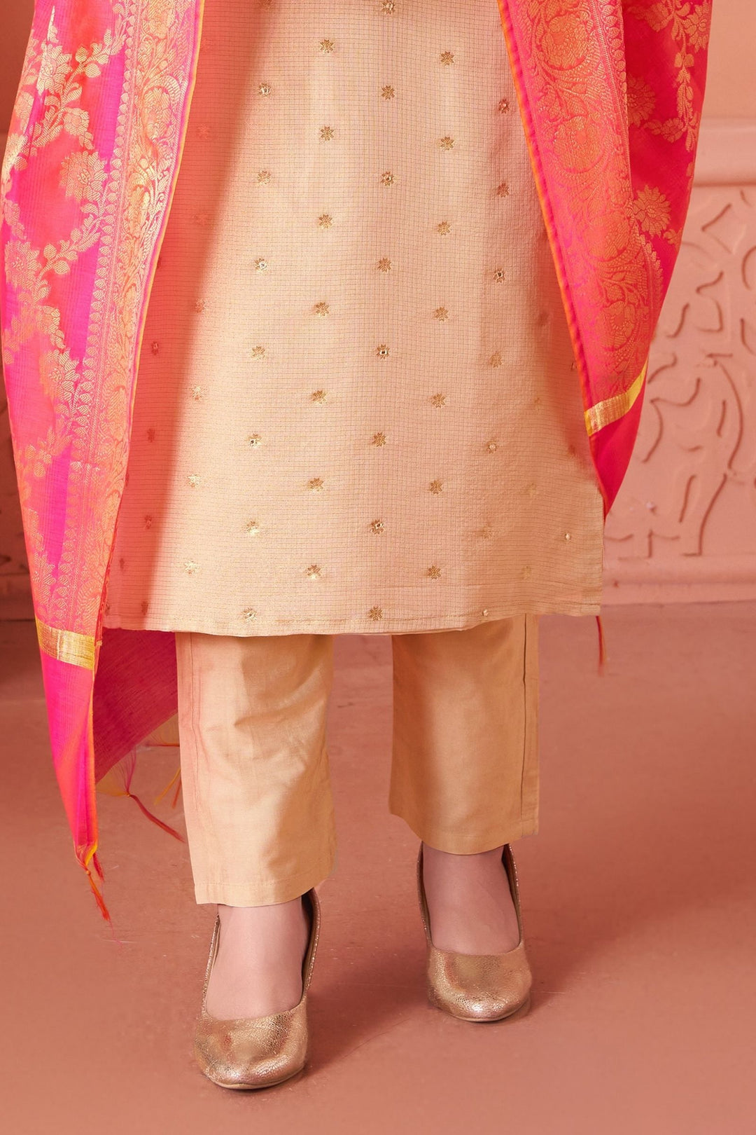 Beige Zardozi, Beads, Pearl, Thread and Mirror work Straight Cut Salwar Suit