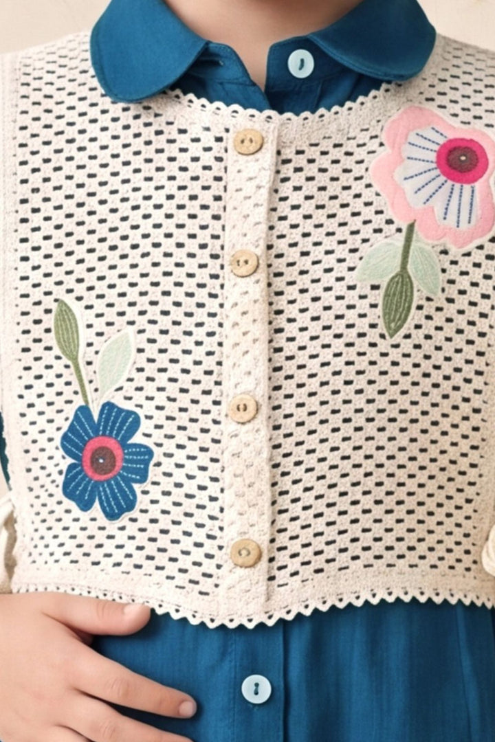 Teal Blue with Cream Jacket Styled Short Frock for Girls