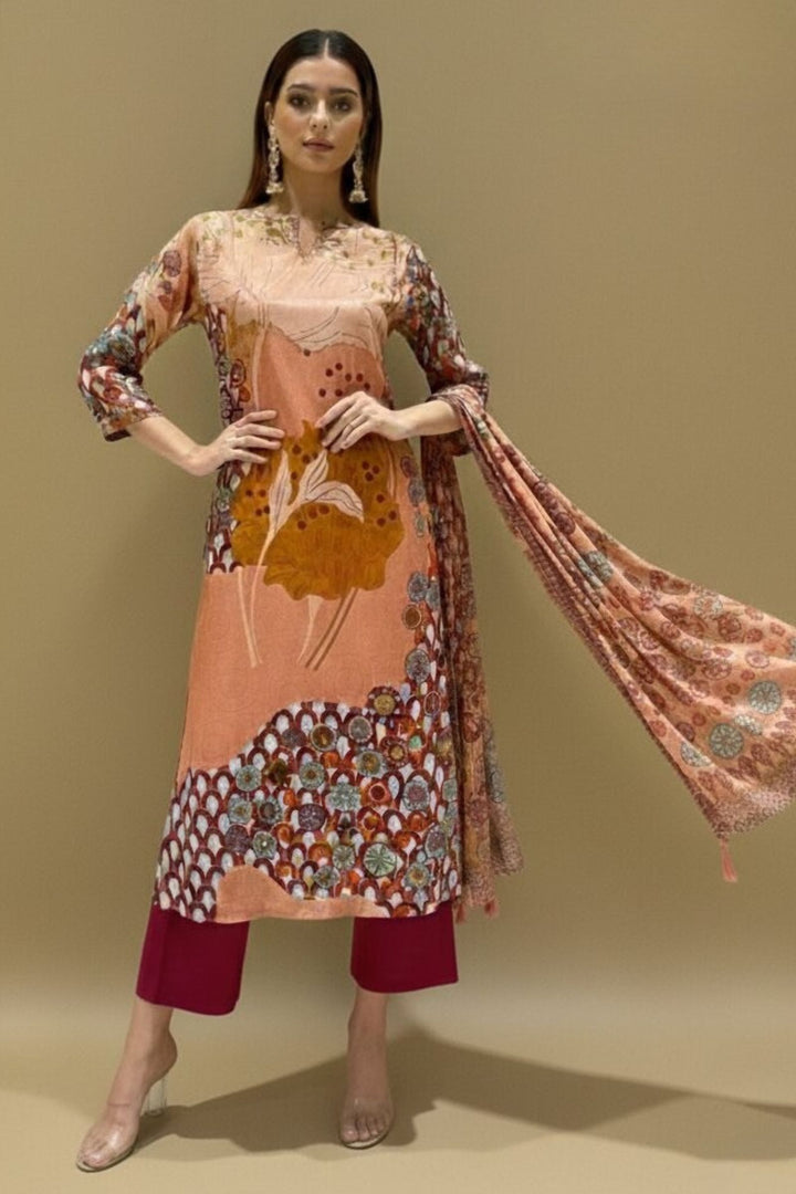 Peach with Maroon Sequins and Thread work with Digital Print Straight Cut Salwar Suit