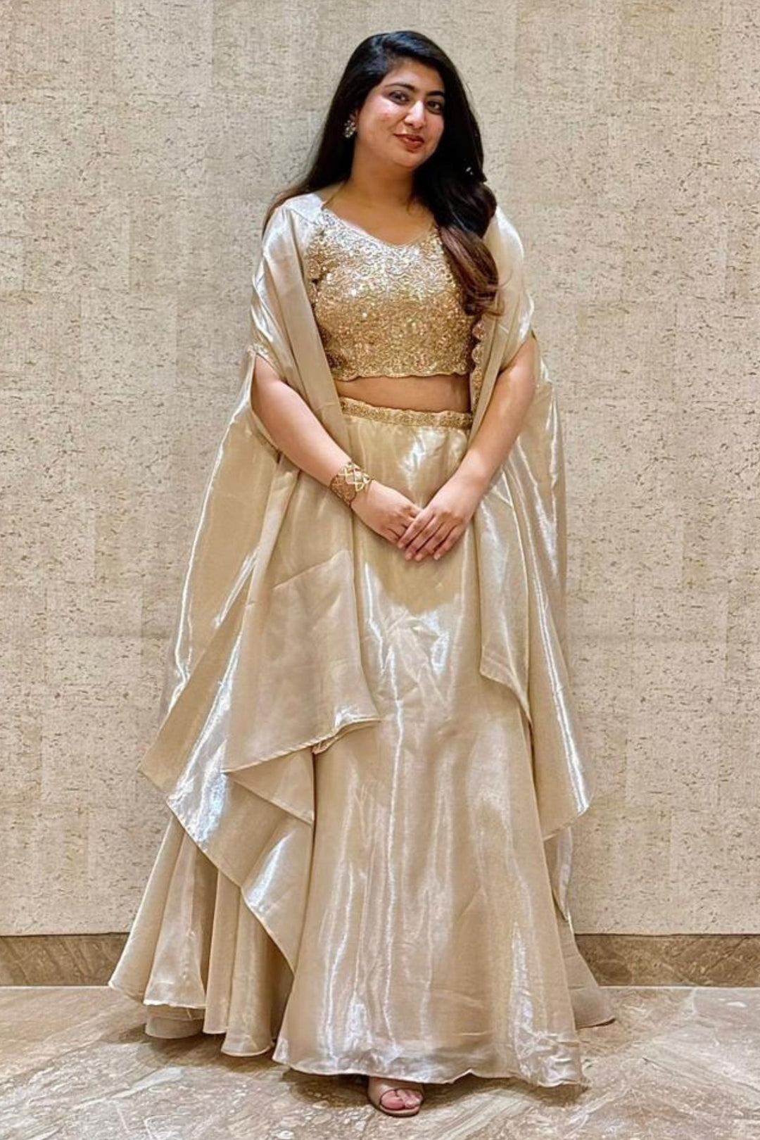 Gold Sequins and Beads work Choli with Lehenga and Draped Cape